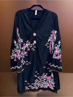NwoT ETHNC Women’s Black Floral Embroidered Tunic Mini Dress - Pink Accents-M